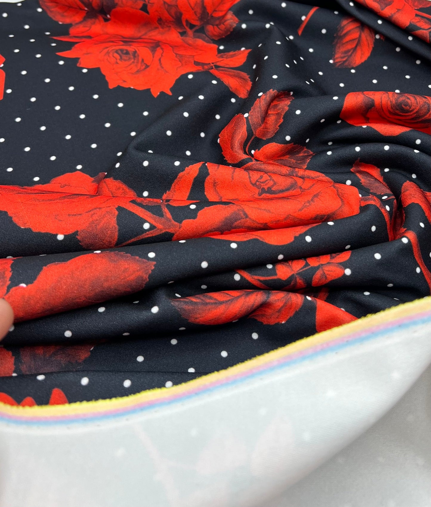 Black Rose Spot Printed Scuba Crepe Fabric 4 Way Stretch
