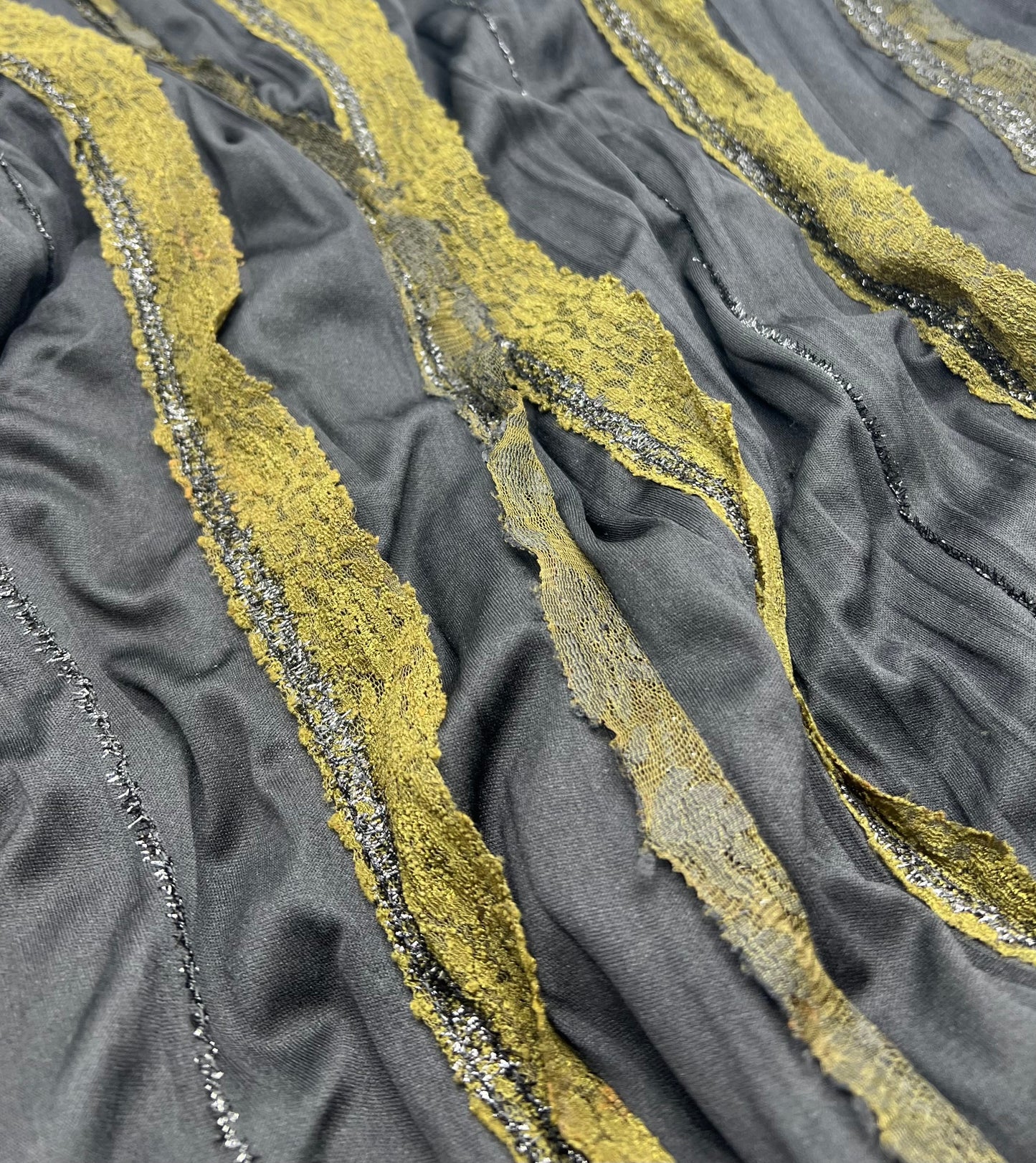 Black Green Ruffle Lace Detail Fabric Stretch
