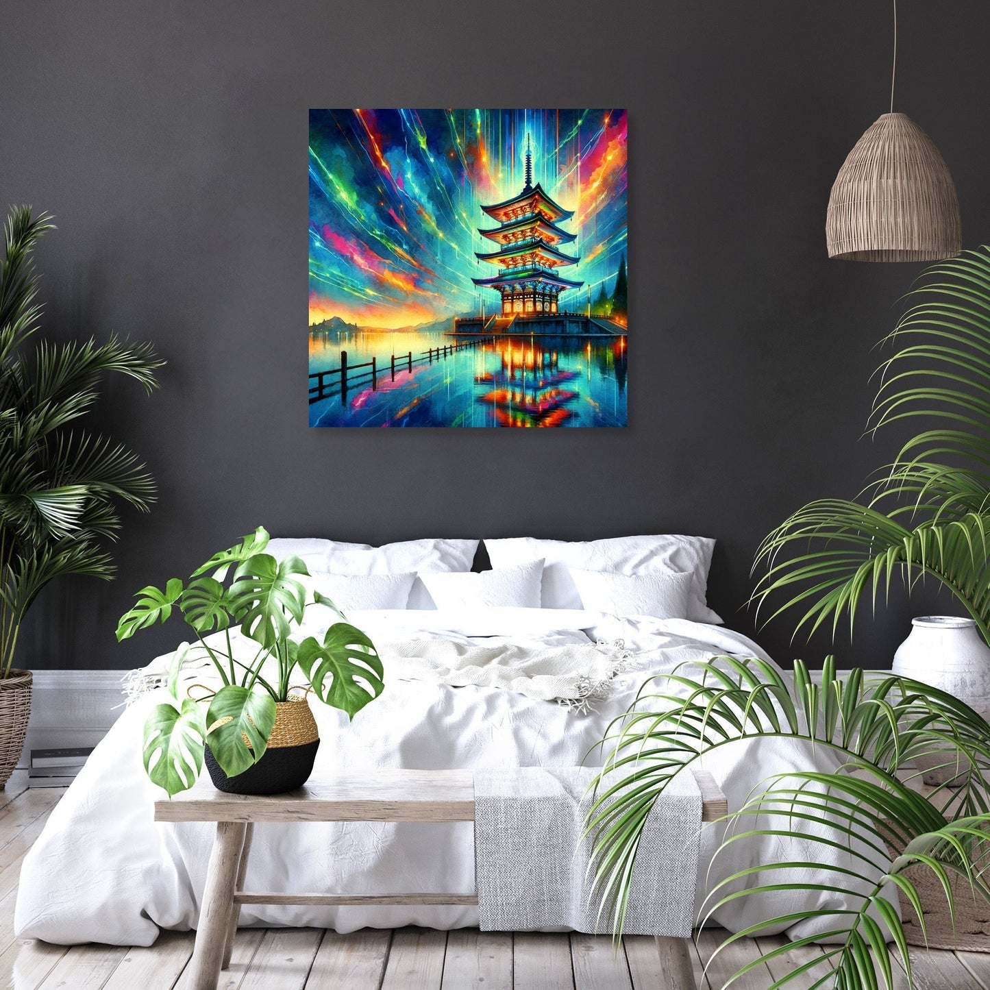 Neon Reflection Pagoda Canvas