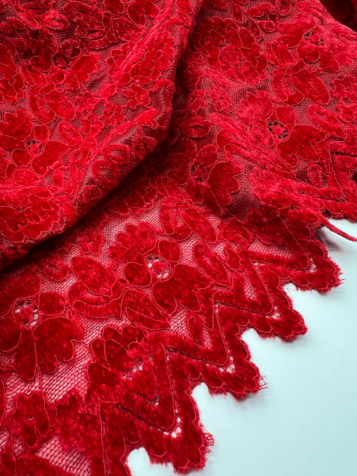 Red Embossed Textured Scalloped Edge Floral Lace Fabric Stretch