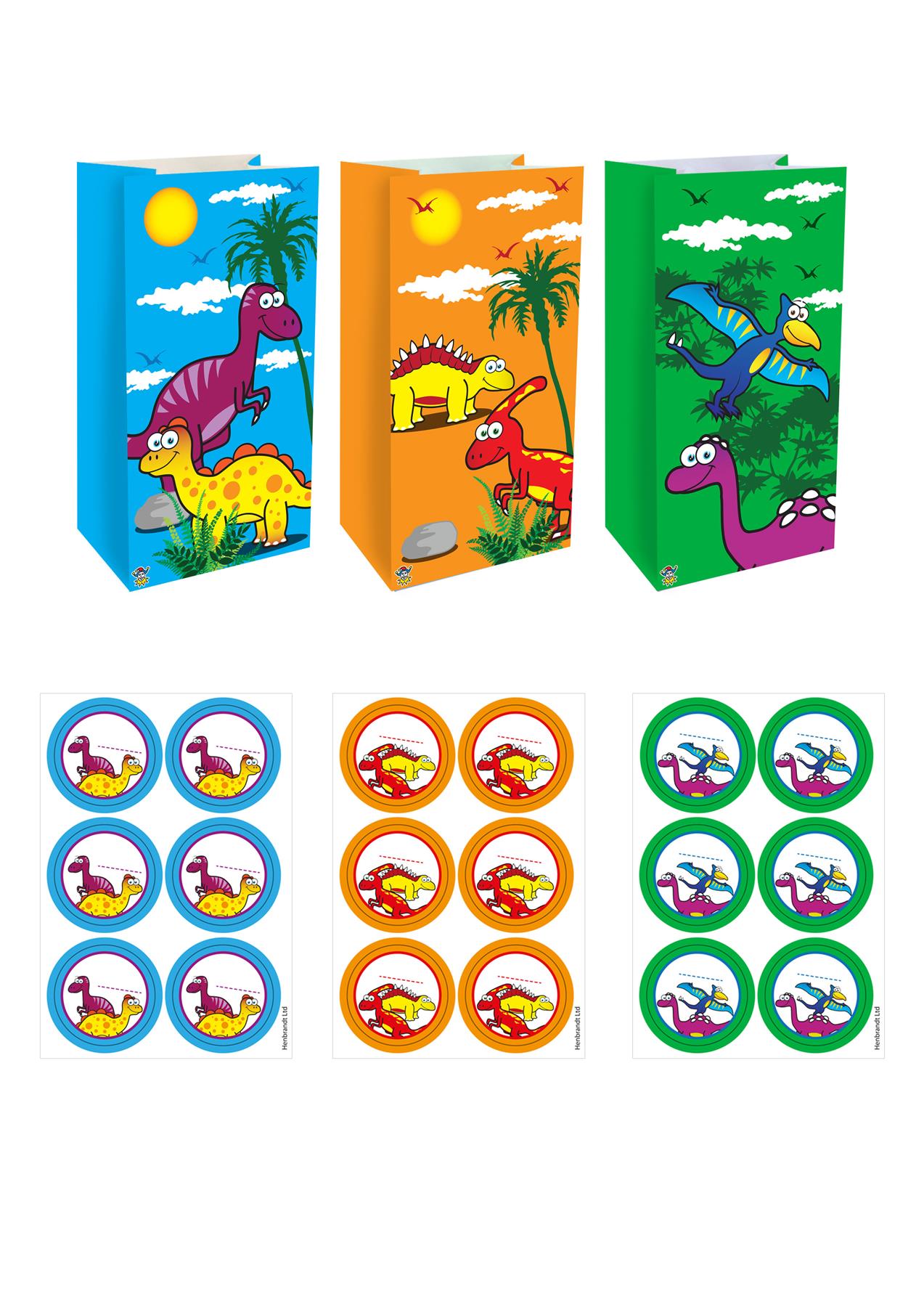 Dinosaur Paper Party Bags with Stickers (3 Assorted Designs) Pack of 12