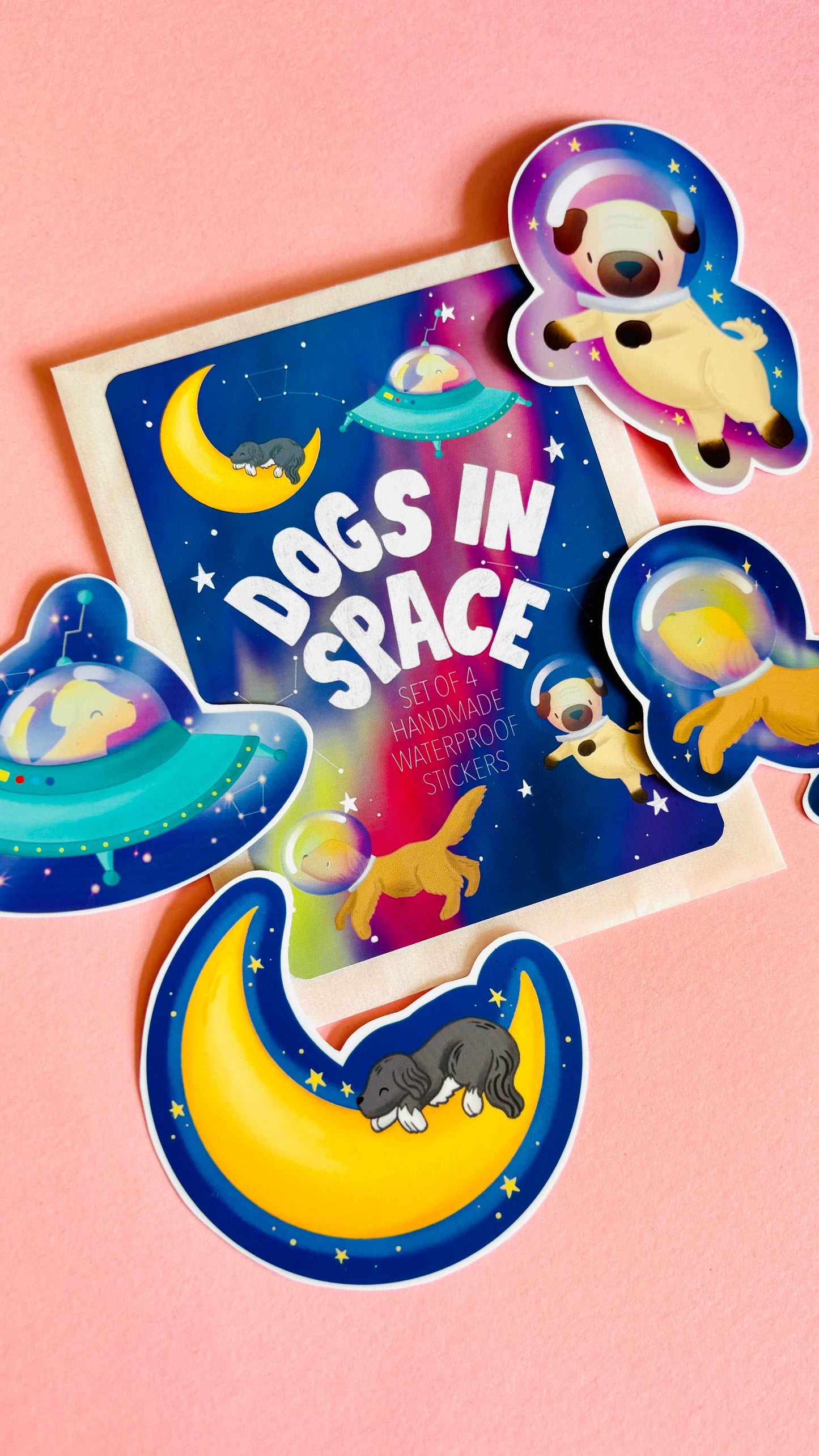 Space Dogs Sticker Set- Set of 4 Handmade Waterproof Vinyl Stickers