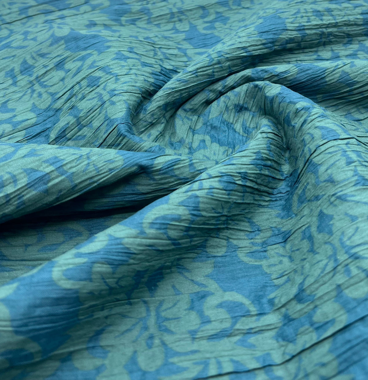 Teal Green Floral Crinkled Lightweight Non Stretch Fabric