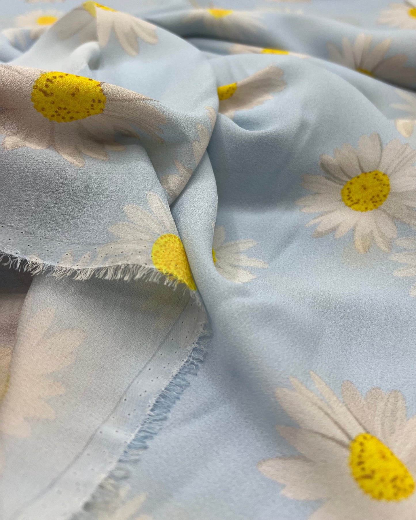 Sky Blue Daisy Lightweight Crepe Fabric 120GSM Non Stretch