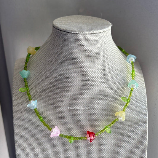 Cool green handmade beaded floral rainbow necklace