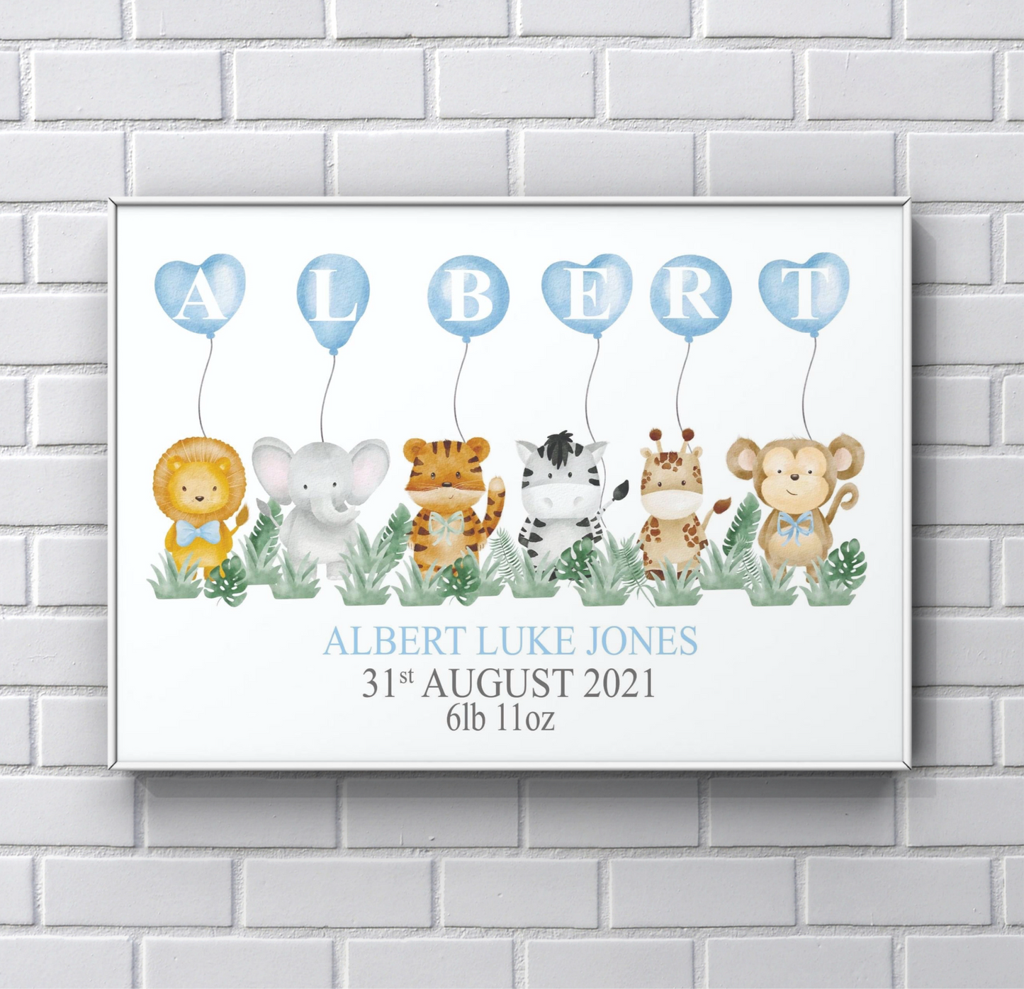 Newborn safari personalised boy print gift Nursery Bedroom