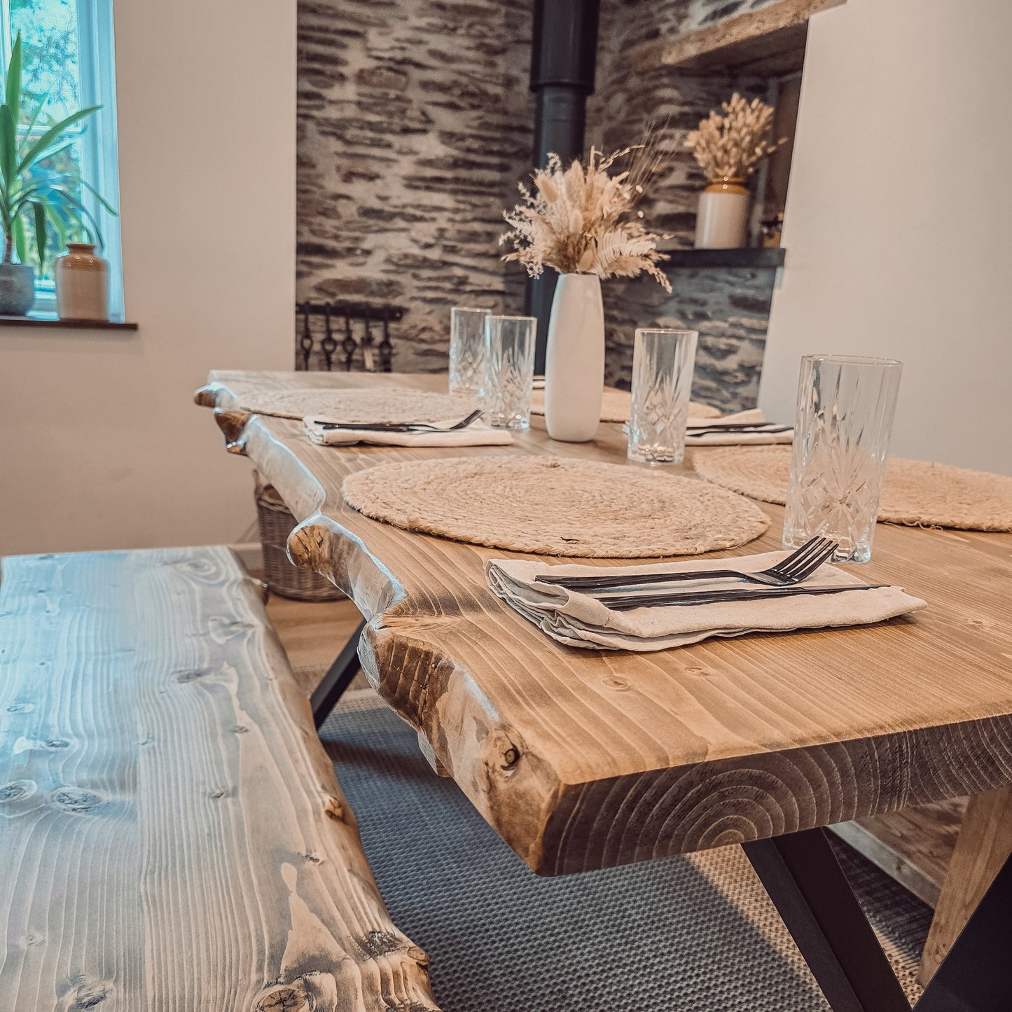 Live / Waney Edge Dining Table With Bench and X Cross Metal Legs