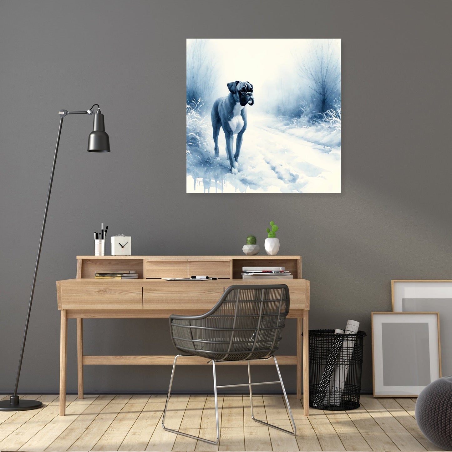Boxer's Winter Walk Snowy Scene Canvas