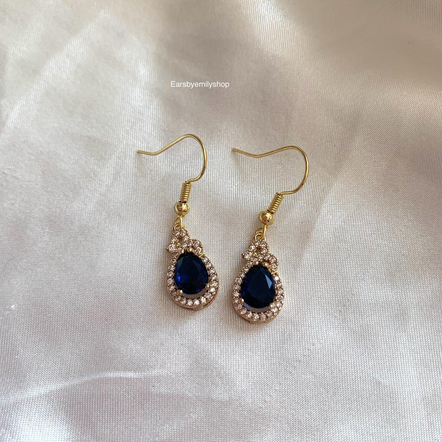 Dark blue/ navy glass crystal with silver rhinestones 14k gold plated earrings, necklace or jewellery set