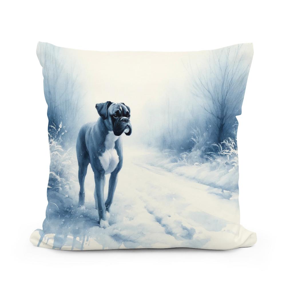 Boxer's Winter Walk Snowy Scene Cotton Cushion