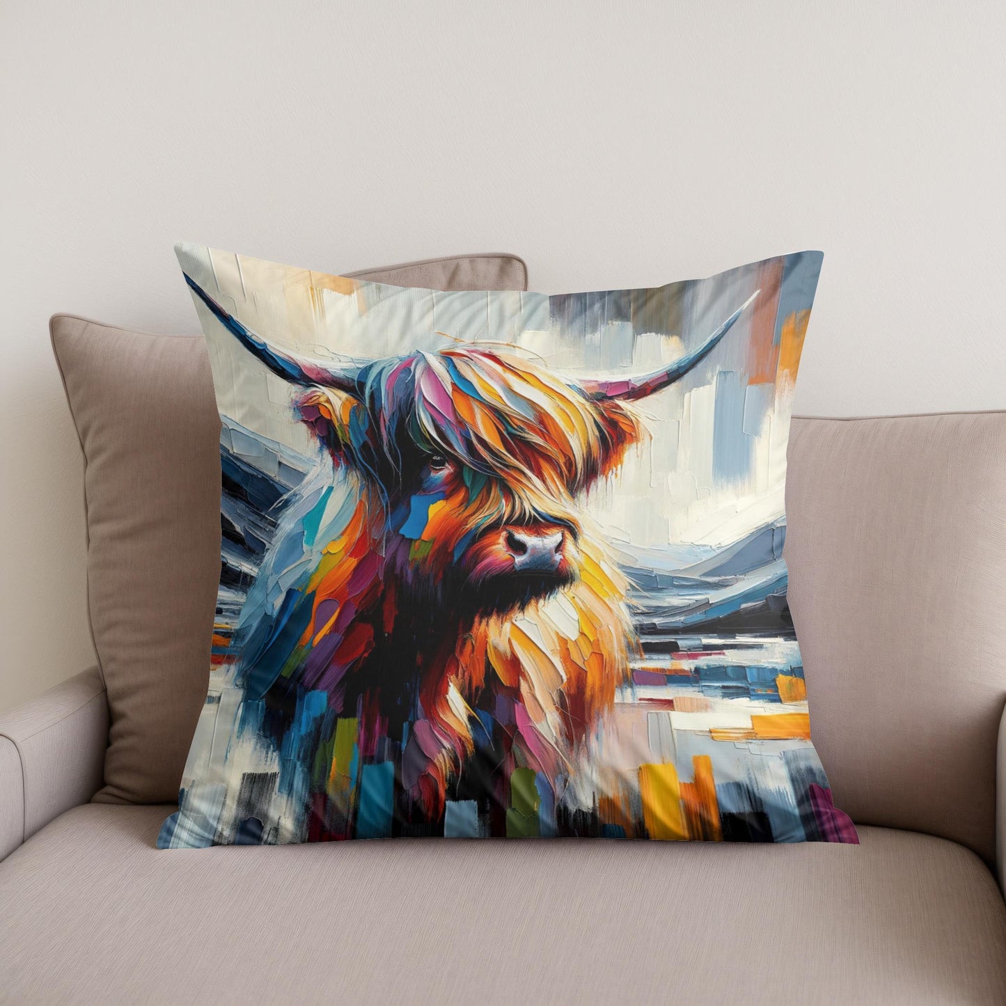 Vibrant Highland Cow Abstract Cotton Cushion