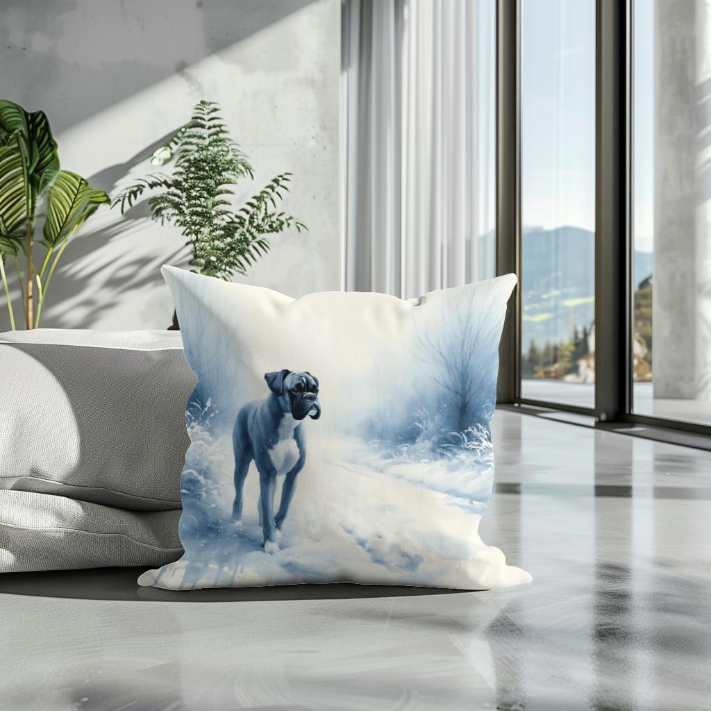 Boxer's Winter Walk Snowy Scene Cotton Cushion