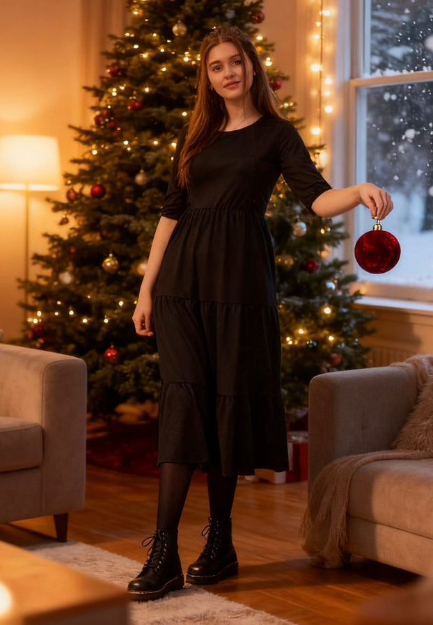 The Midi Breastfeeding Dress - Beth Black Cotton