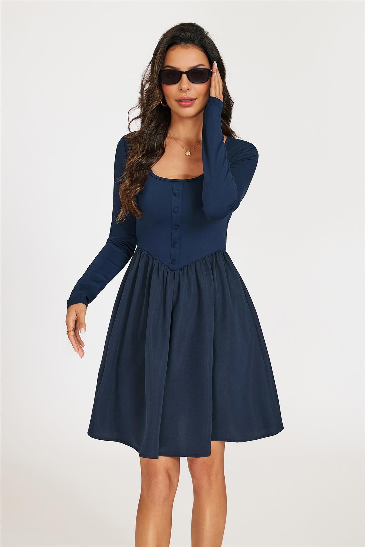 Square Neck Button Detail Long Sleeve Mini Dress In Navy