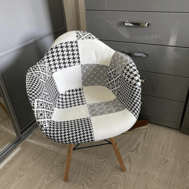 5PCs Dining Set - a White Halo Dining Table & Set of 4 Black/White Patchwork Accent Chairs