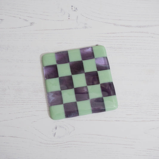 10cm Mint Green & Transparent Lavender with Amethyst/White Chequered Coaster - Bullseye Collection