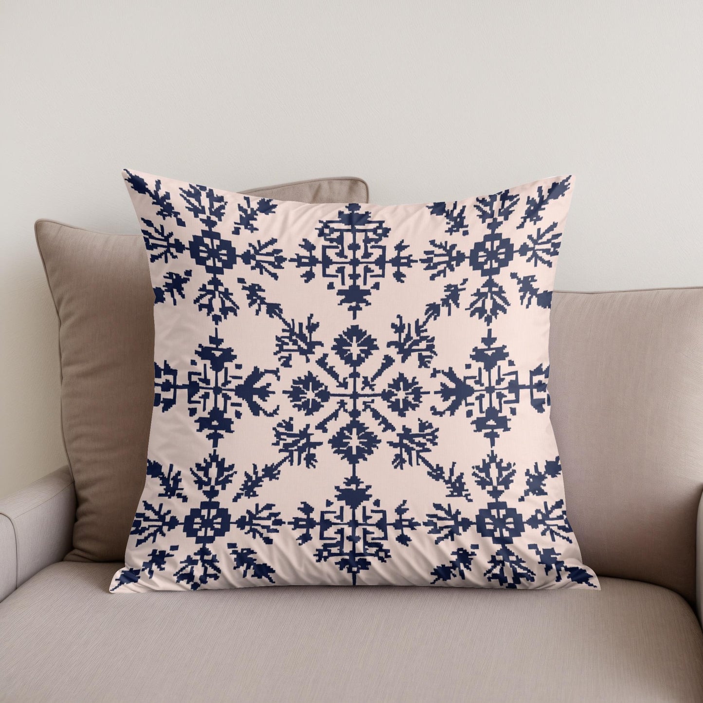 Blush Pink and Navy Modern Folk Art Cotton Cushion