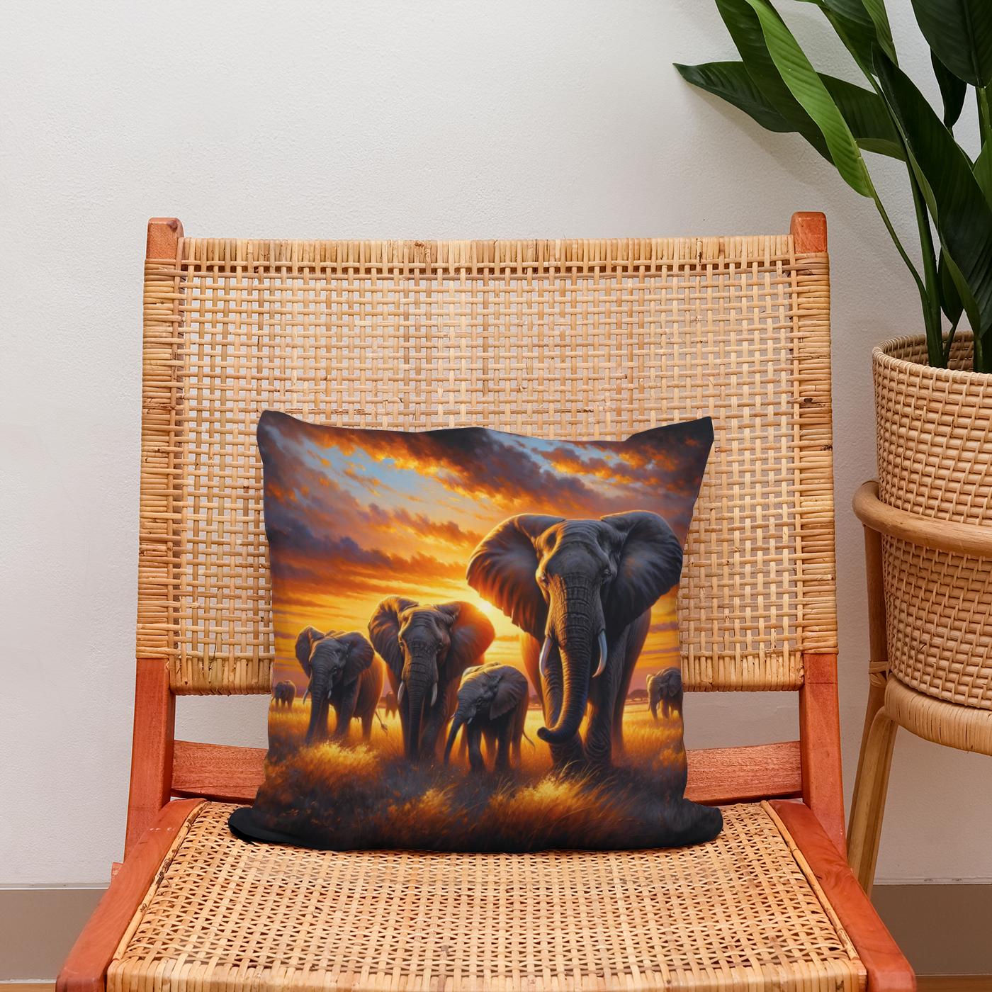 Elephant Savannah Sunset Cotton Cushion