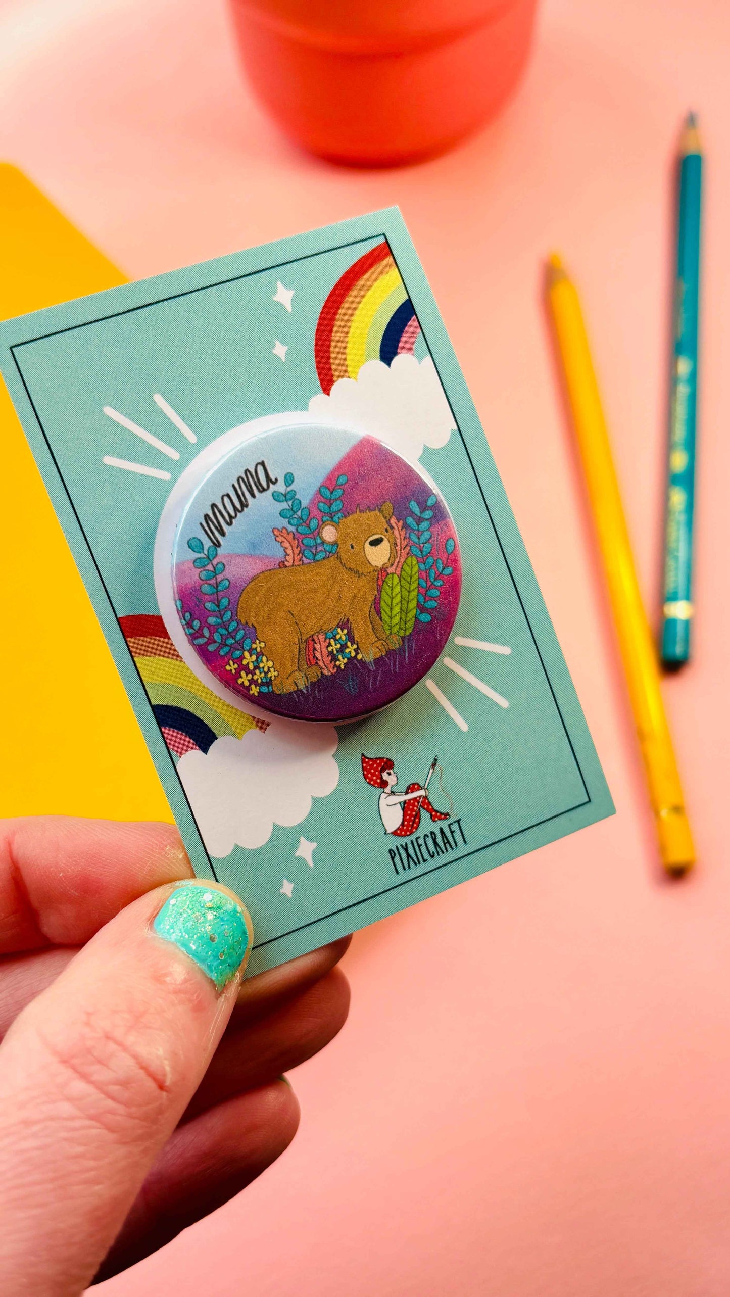 Brown Bear Illustrated Art Vibrant Pin Badge or Magnet- Multiple options available