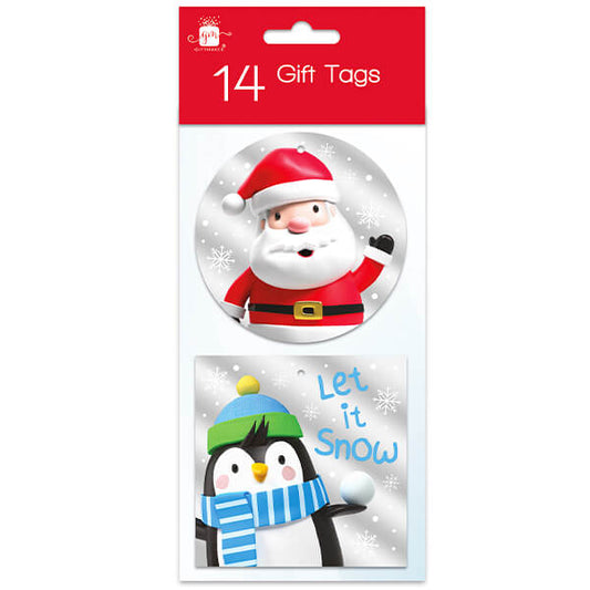 Pack of 14 Metallic Christmas Gift Tags with Santa and Penguin Designs