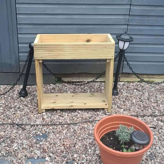 60cm high wooden garden troughs on legs with bottom shelf