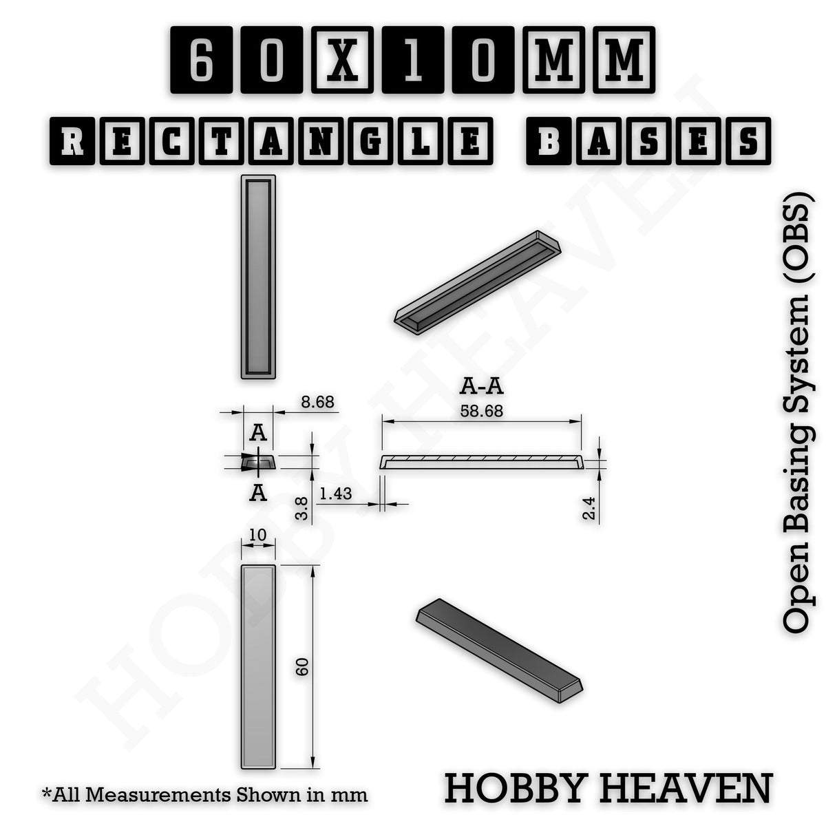 Rectangle Bases Small Sizes - 20x15mm to 75x25mm and up to 60x50mm Wide - 3D Print Tabletop Games