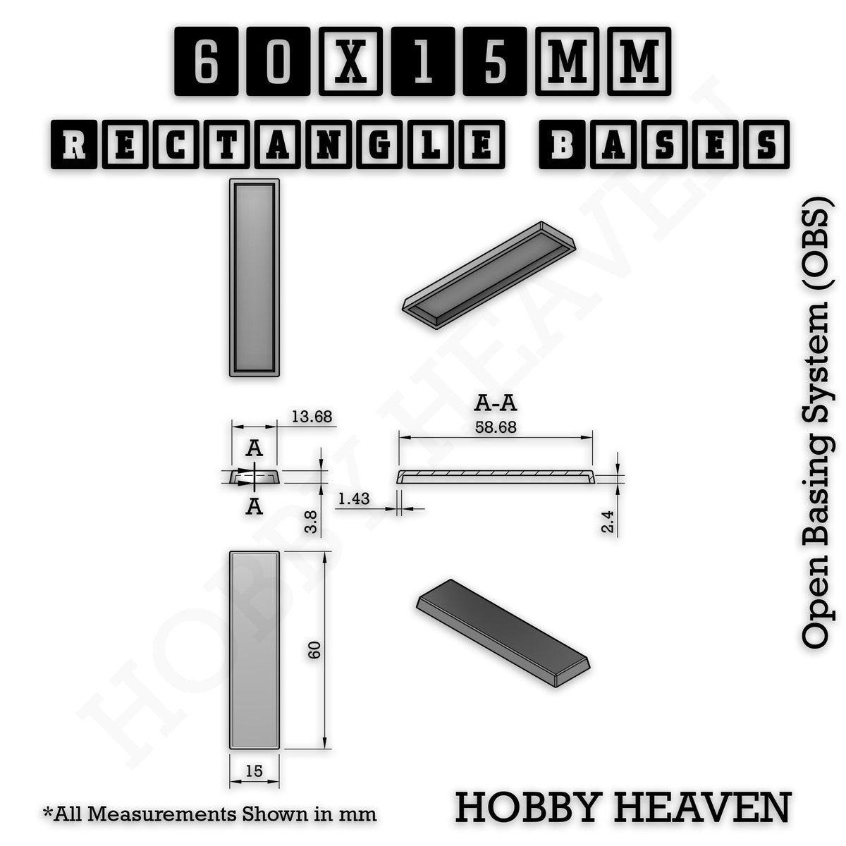 Rectangle Bases Small Sizes - 20x15mm to 75x25mm and up to 60x50mm Wide - 3D Print Tabletop Games