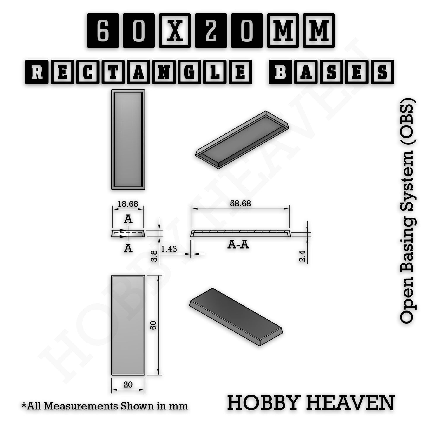 Rectangle Bases Small Sizes - 20x15mm to 75x25mm and up to 60x50mm Wide - 3D Print Tabletop Games