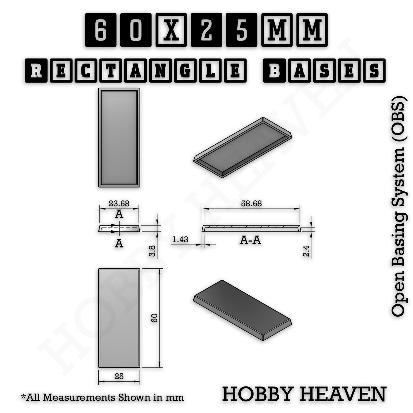 Rectangle Bases Small Sizes - 20x15mm to 75x25mm and up to 60x50mm Wide - 3D Print Tabletop Games