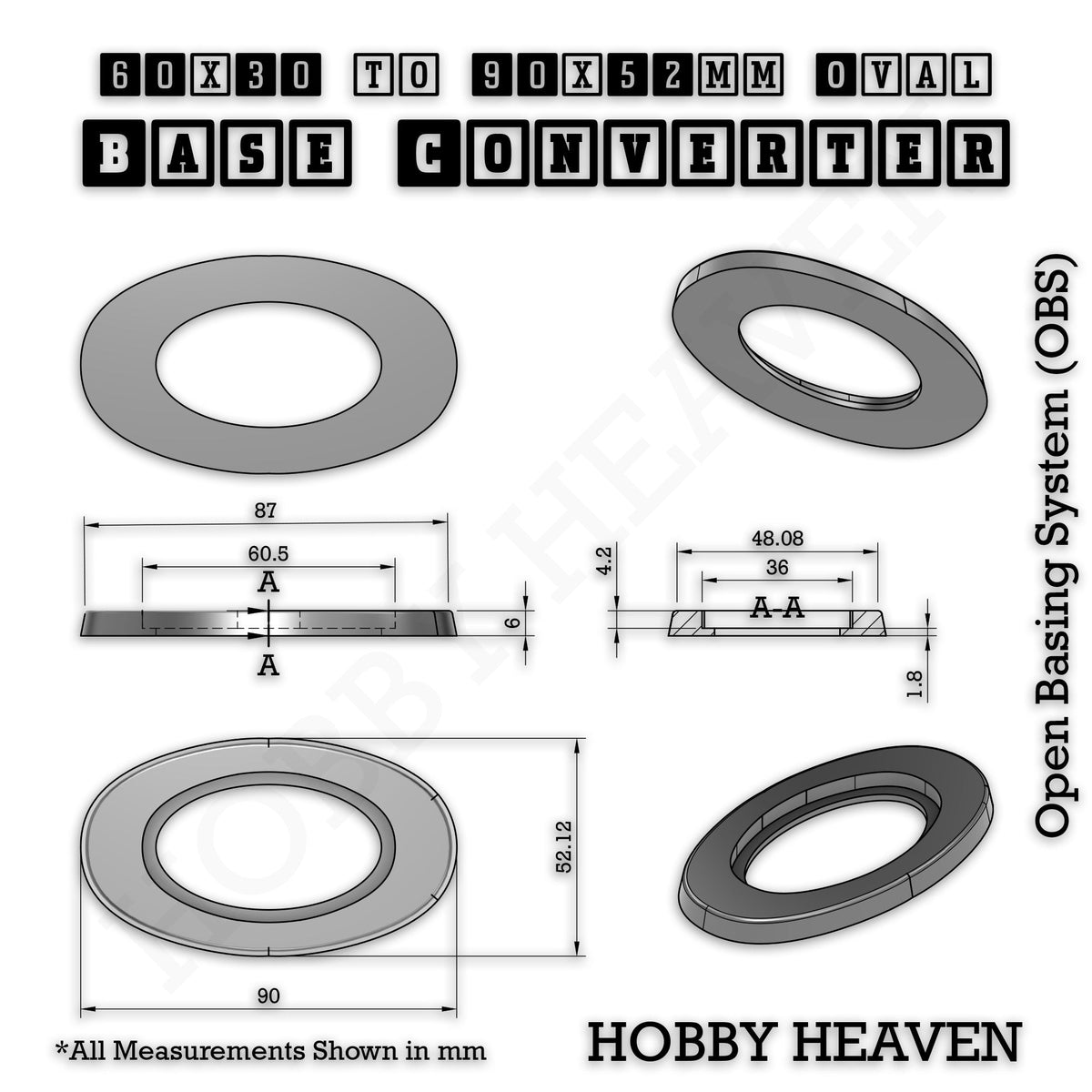 Oval to Oval Bases Size Converters 3D Print Full Range