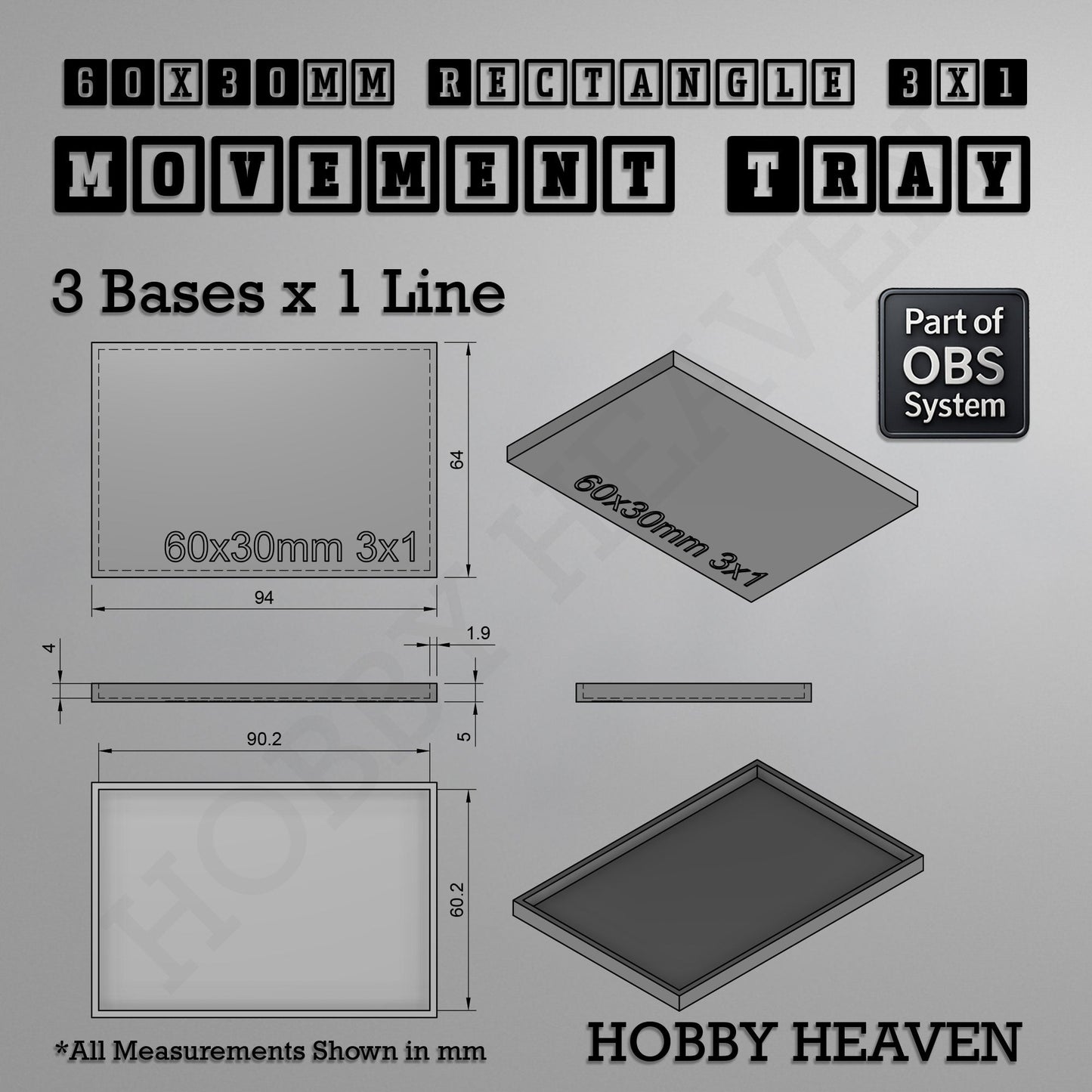 Rectangle Movement Trays | Cavalry & Monsters | 50×25-100×60mm | OBS System