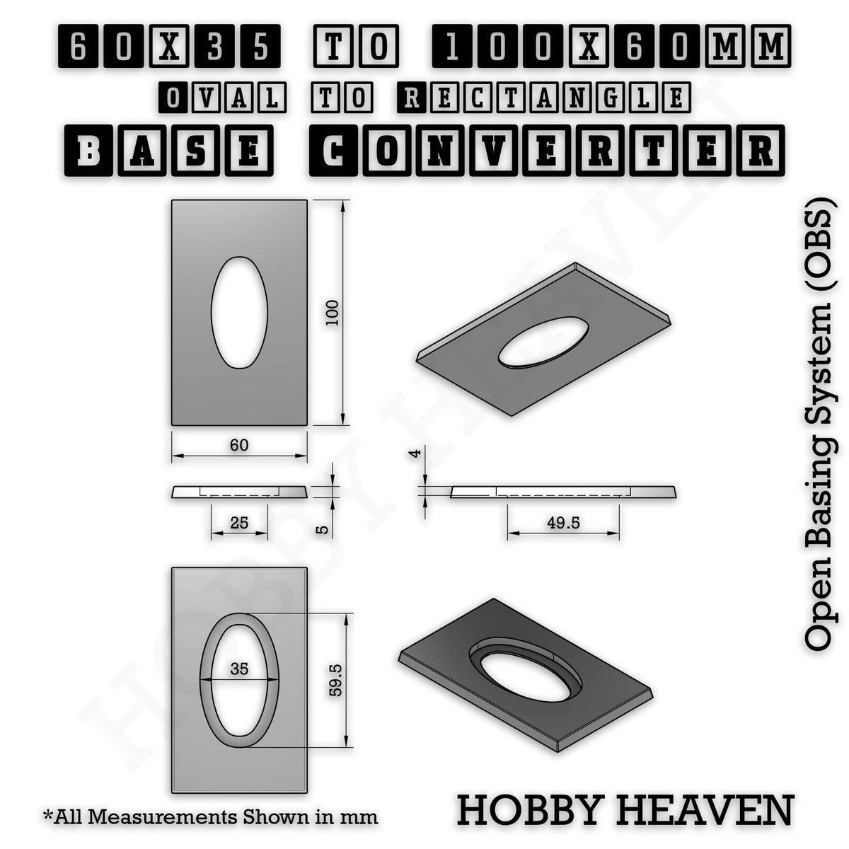 Oval to Rectangle Base Converters 3D Print Full Range