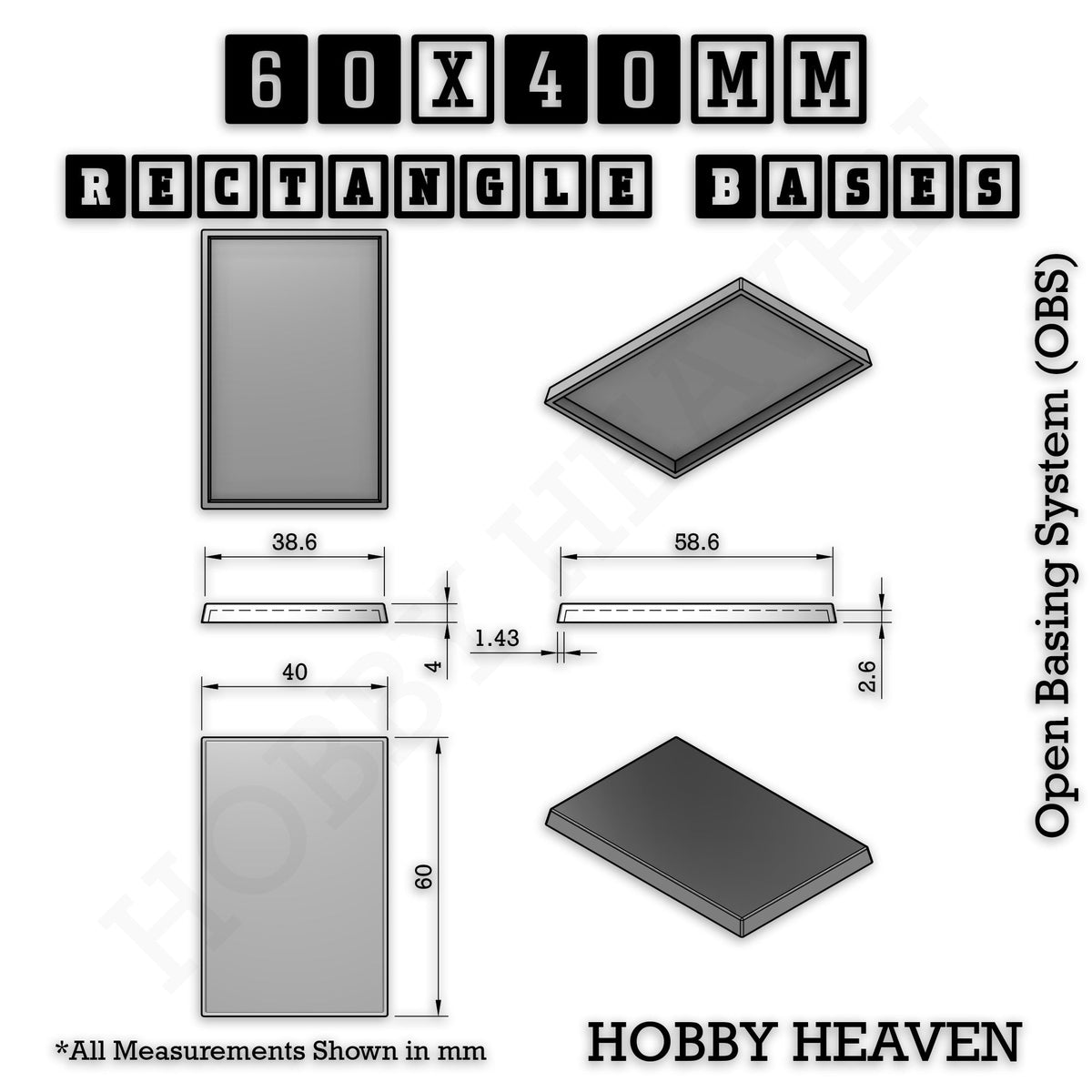 Rectangle Bases Medium Sizes - 75x30mm to 125x40mm and up to 100x90mm Wide - 3D Print Tabletop Games