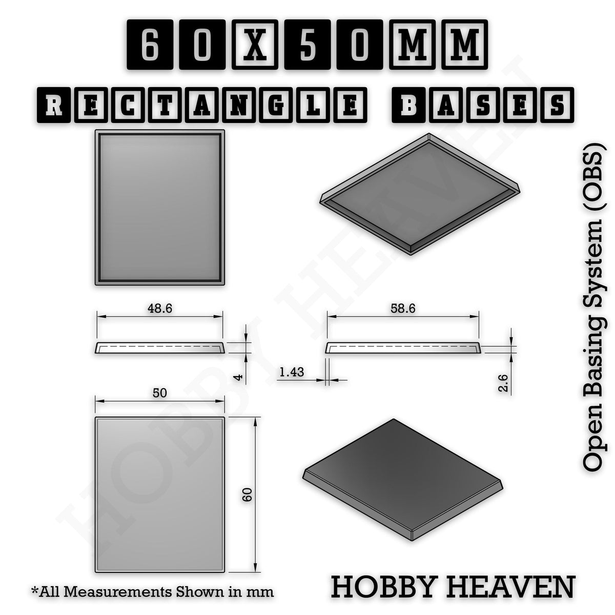 Rectangle Bases Small Sizes - 20x15mm to 75x25mm and up to 60x50mm Wide - 3D Print Tabletop Games