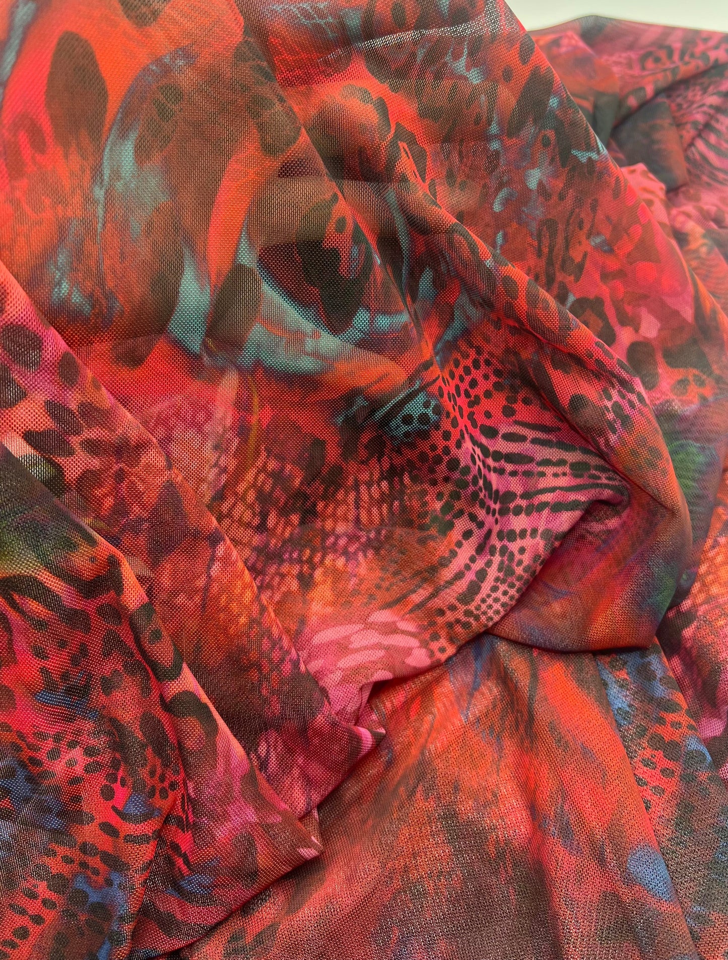 Red Rose Animal Mix Print Mesh Fabric Stretch