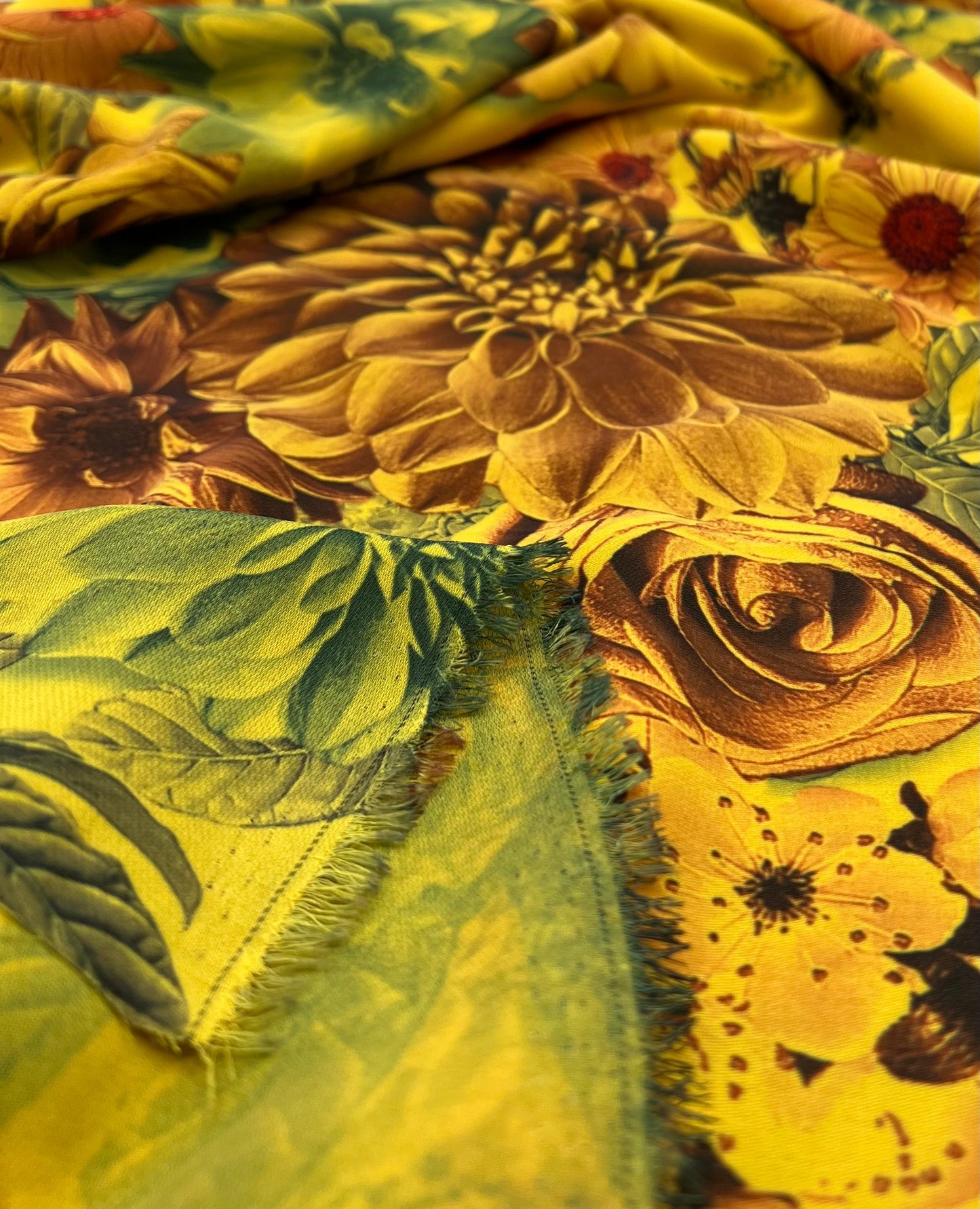 Mustard Floral Lightweight Crepe Fabric 150GSM Non Stretch