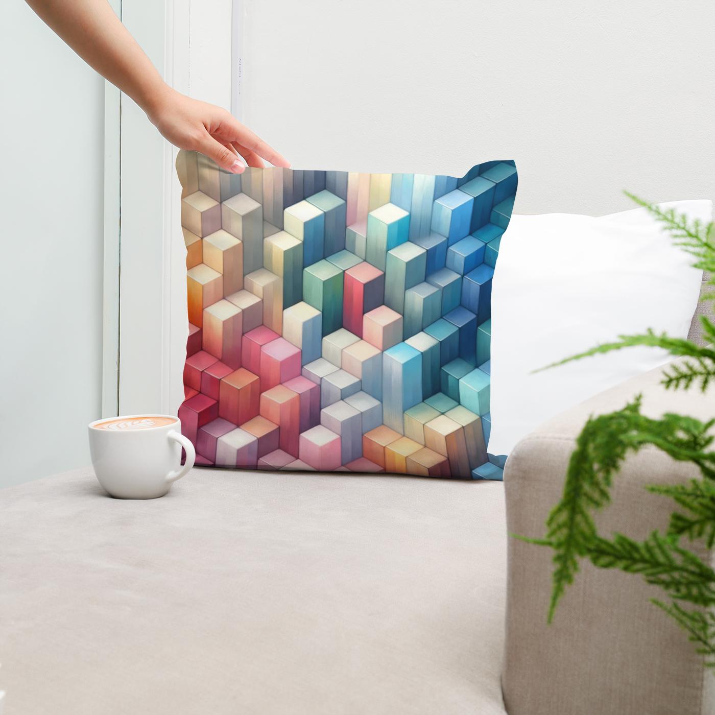 Pastel Serenity Cube Mosaic Cotton Cushion