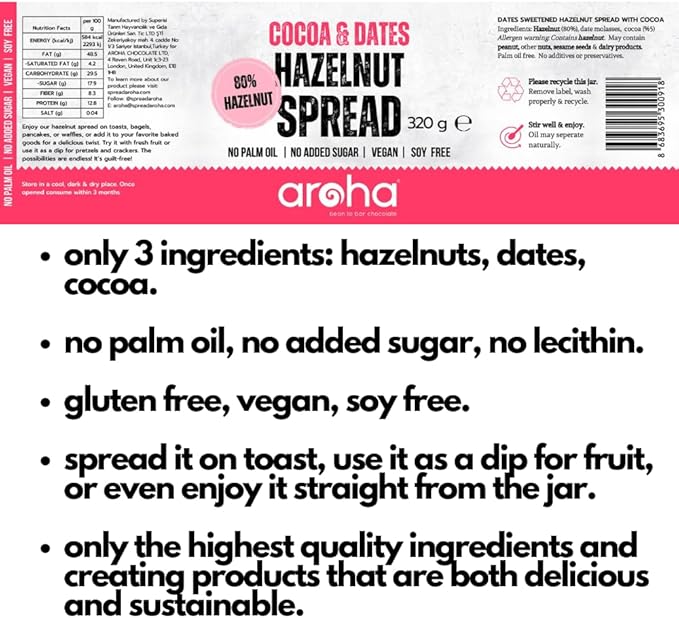 Aroha %80 Hazelnut Spread With Cocoa & Dates, 320 gr