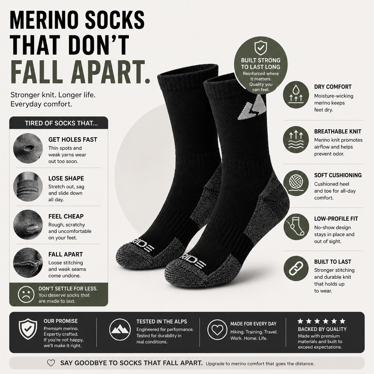 Black Merino Wool Hiking Socks | Winter Trekking | Unisex