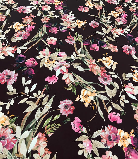 Brown Floral Scuba Foam 3D Mono Jersey Fabric 2 Way Stretch