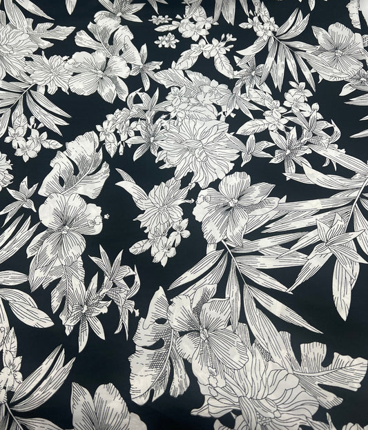 Black White Floral Lightweight Fabric 70GSM Non Stretch