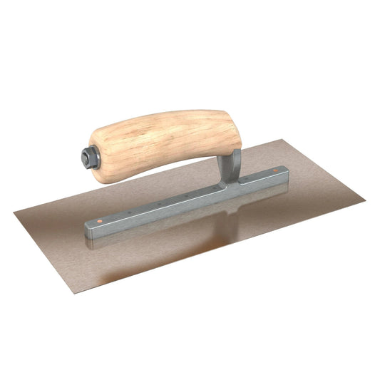 Bon Tool Golden Stainless Steel Square End Finish Trowel - Long Shank - Camel Back Wood Handle