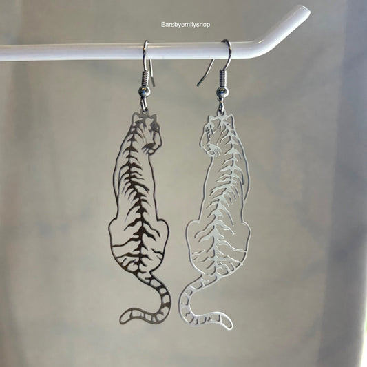 Big stainless steel silver tiger dangle earrings