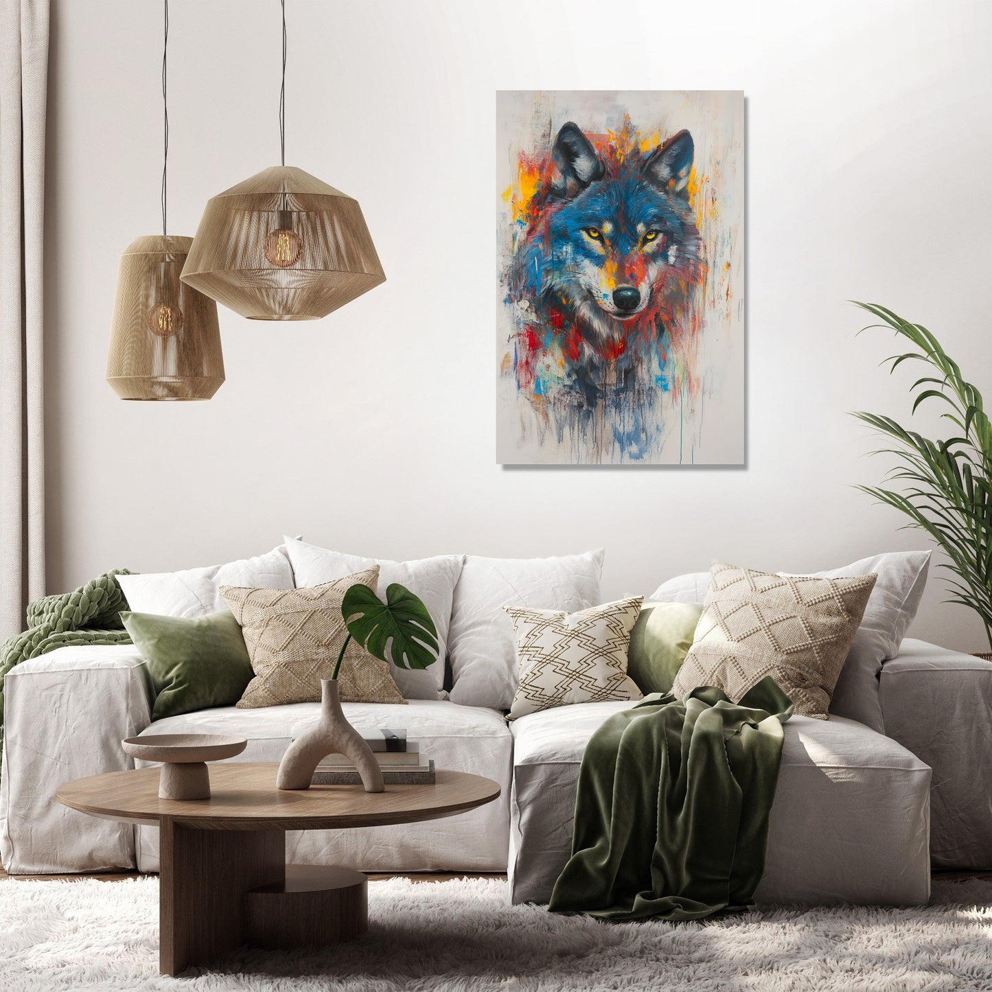 Vibrant Wolf on Grey Canvas