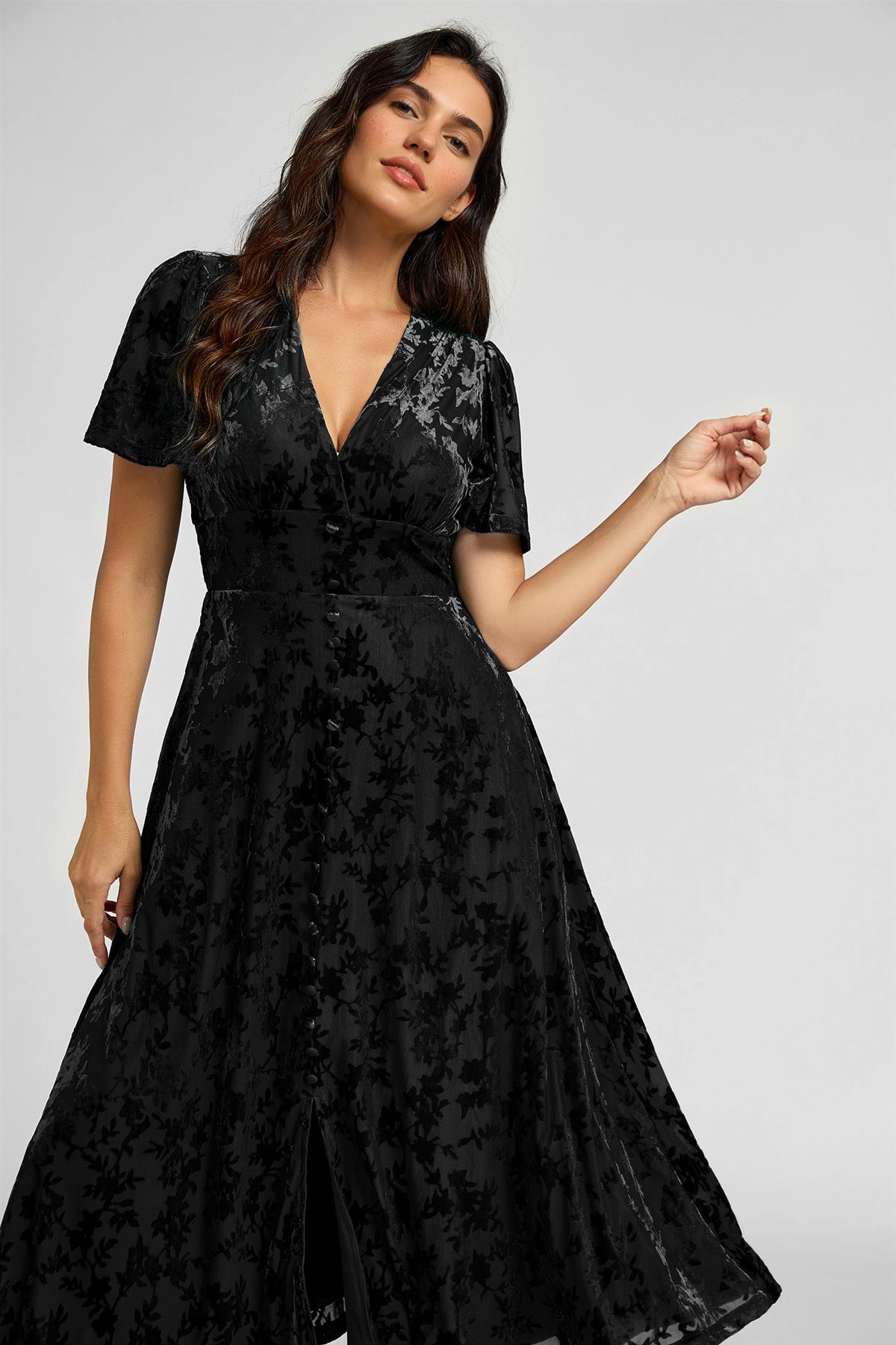 Floral Velvet Devore V neckline Dress In Black