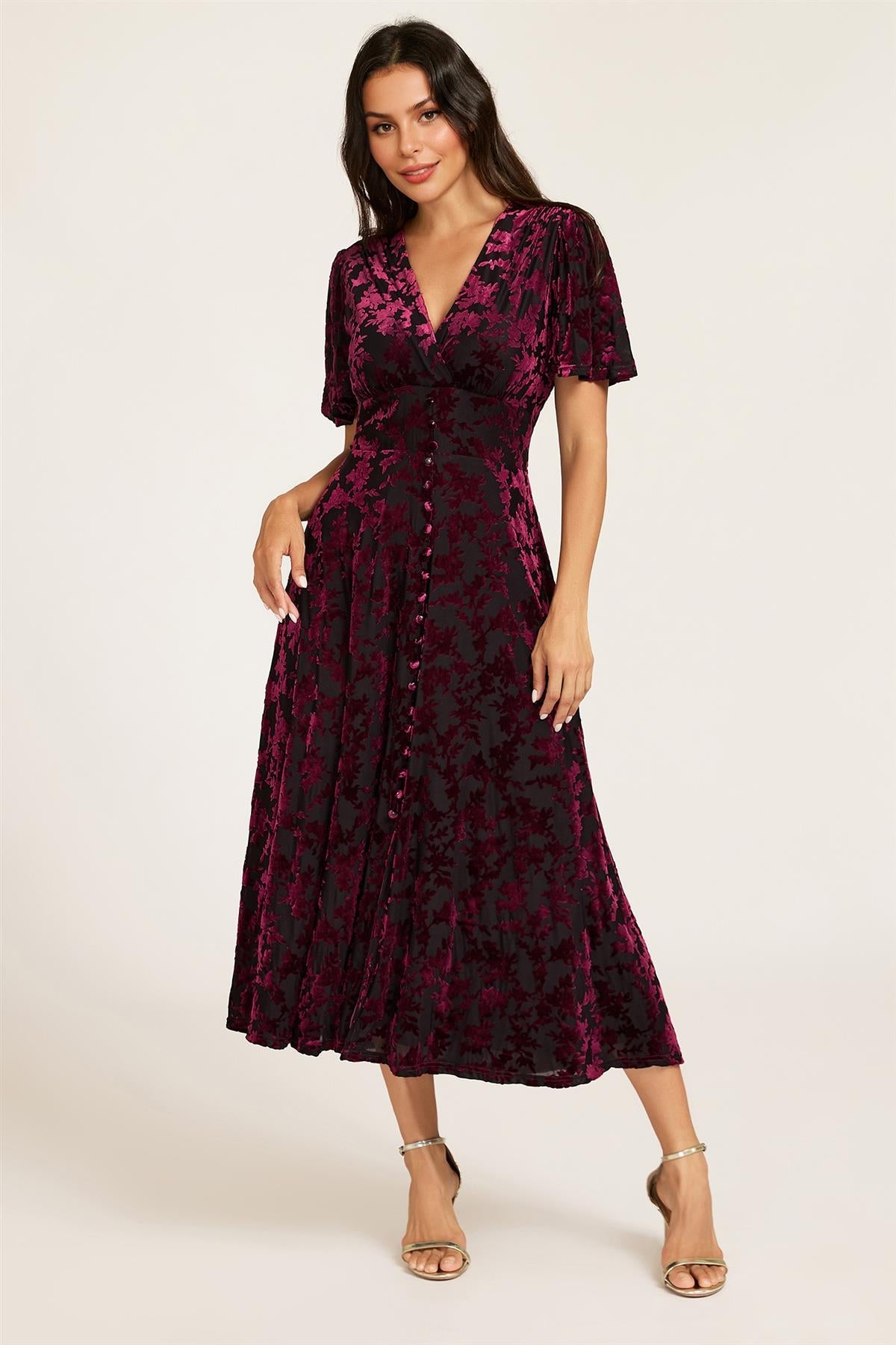 Floral Velvet Devore V neckline Dress In Wine