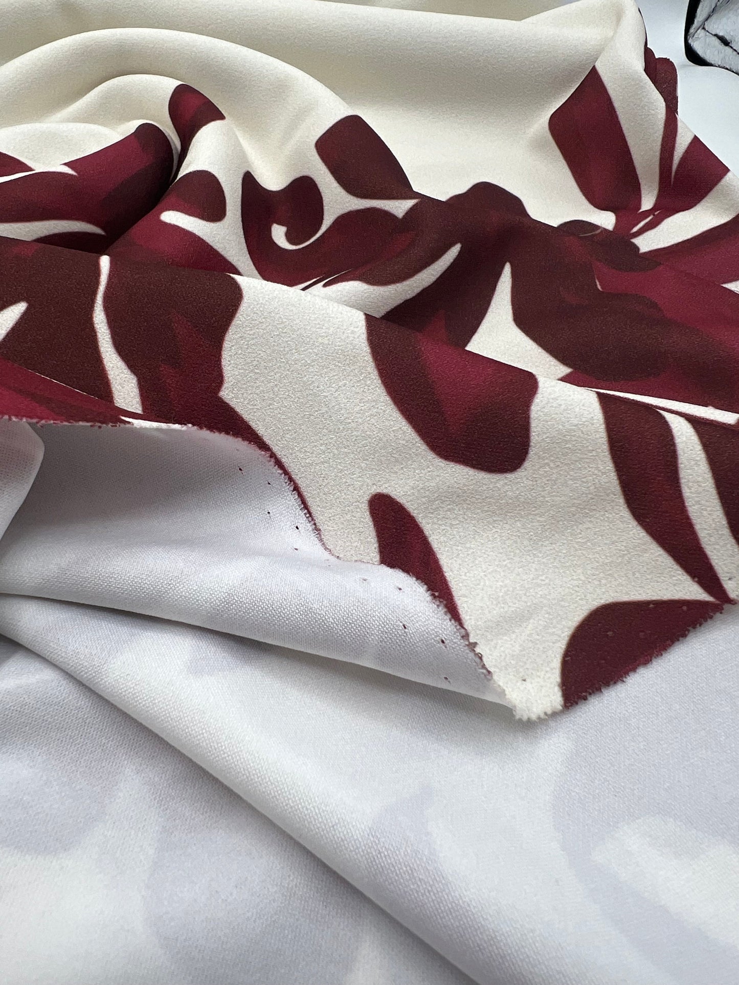 Burgundy Floral Printed Scuba Crepe Jersey Fabric 4 Way Stretch