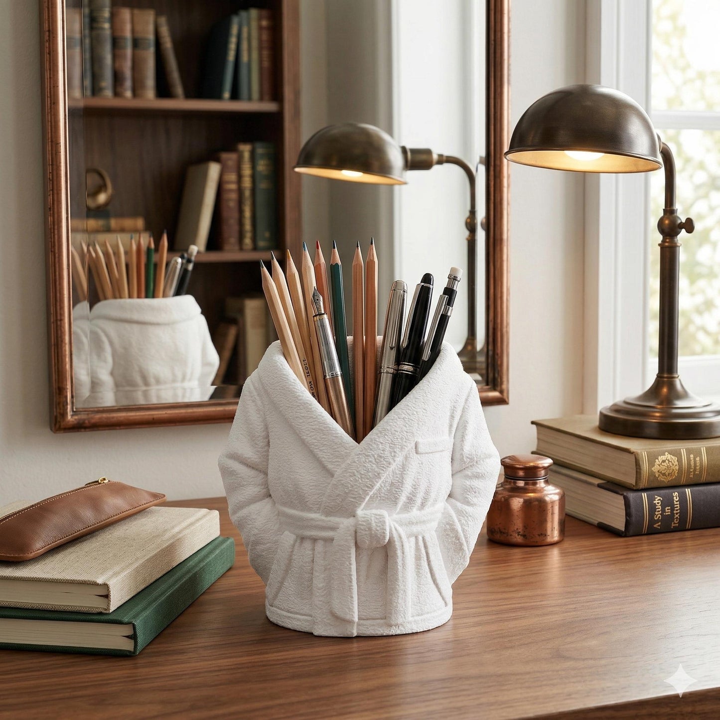 Cozy White Bathrobe Desk & Vanity Organizer | Unique Pen, Pencil and can Holder