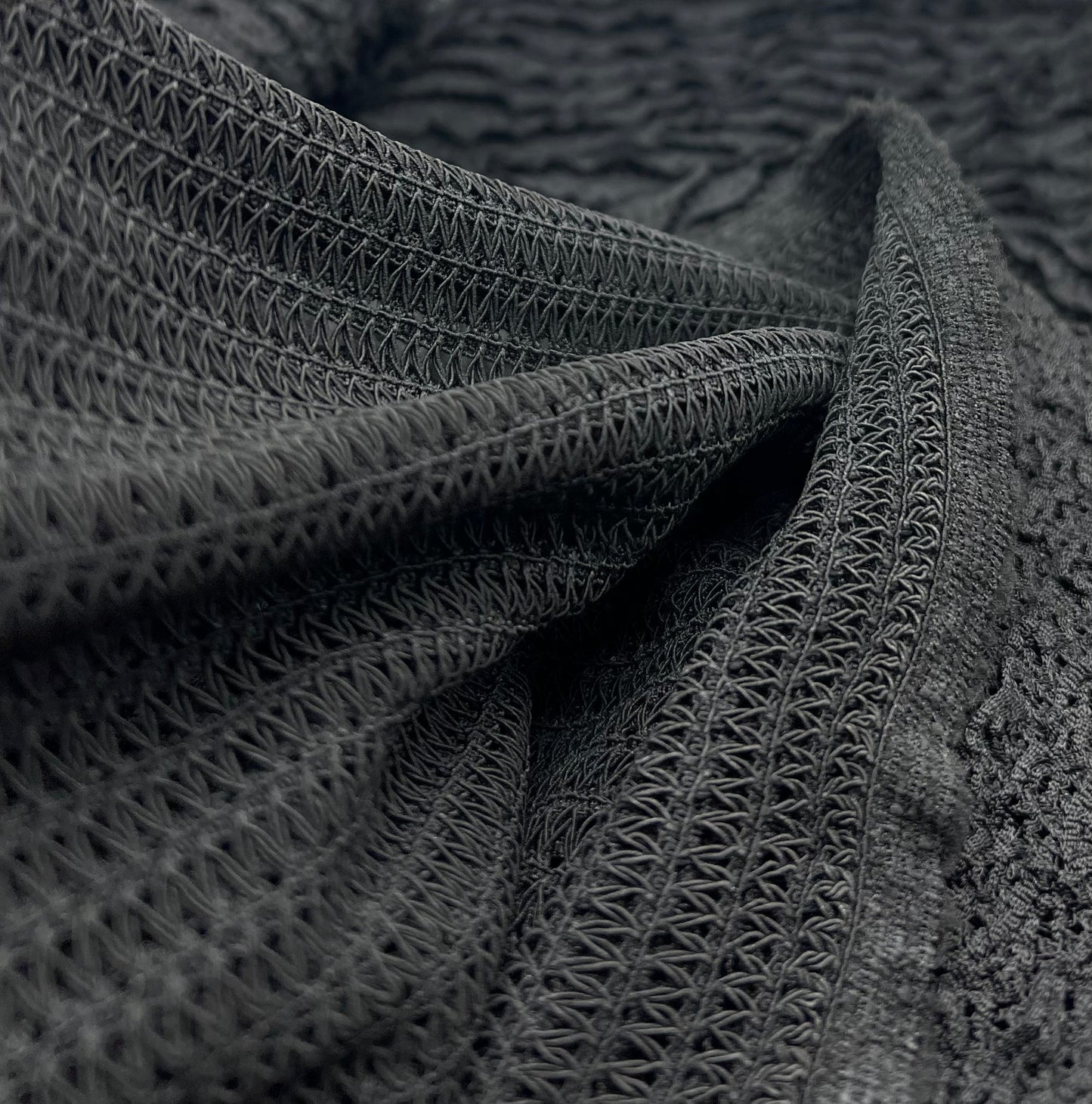 Black Ruffle Crochet Frill Knitted Stretch Fabric 300GSM