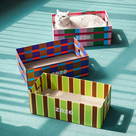 zeze Checkered Cardboard Cat Scratcher Box — Lounger, Scratch Pad & Catnip